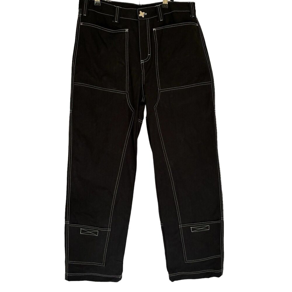 Liquid Lagoon Men’s Skater Wide Leg Rigid Work Jeans Black White Stitch 34X29